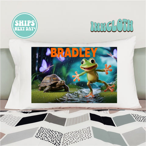 Personalized Frog and Turtle in a Forest Pillowcase